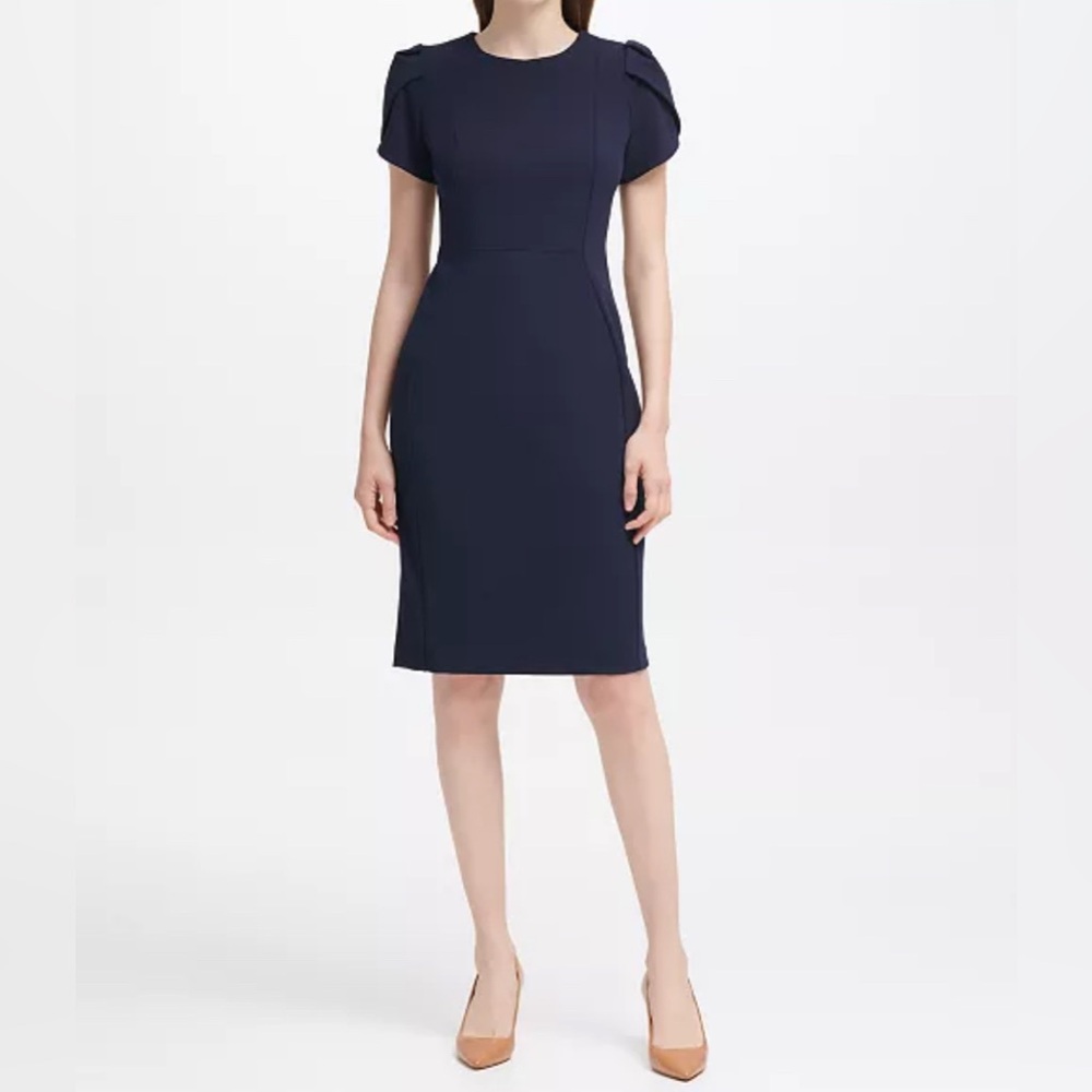 Calvin Klein
Navy Blue Tulip-Sleeve Sheath Knee-length Dress
